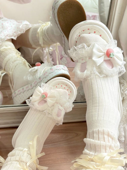Trim Bow Platform Lolita Lace Accents Sweet White Ear Bunny Slippers Plush