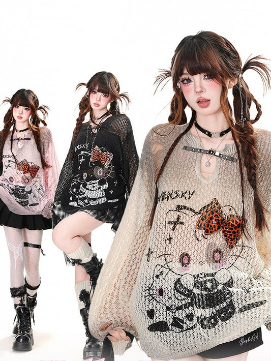 Top Kitty Print Pink/Apricot/Black Distressed Holes Summer Sun Protection Hollow-out