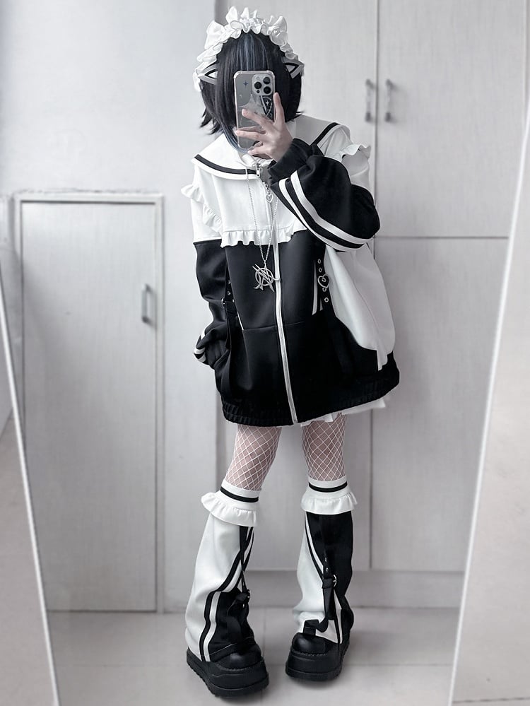Sailor Zip WhiteBlack Collar Jacket Jirai Sweatshrit Closure Kei