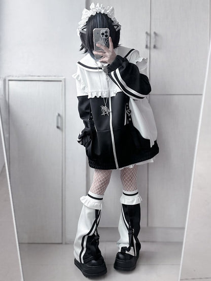 Sailor Zip WhiteBlack Collar Jacket Jirai Sweatshrit Closure Kei