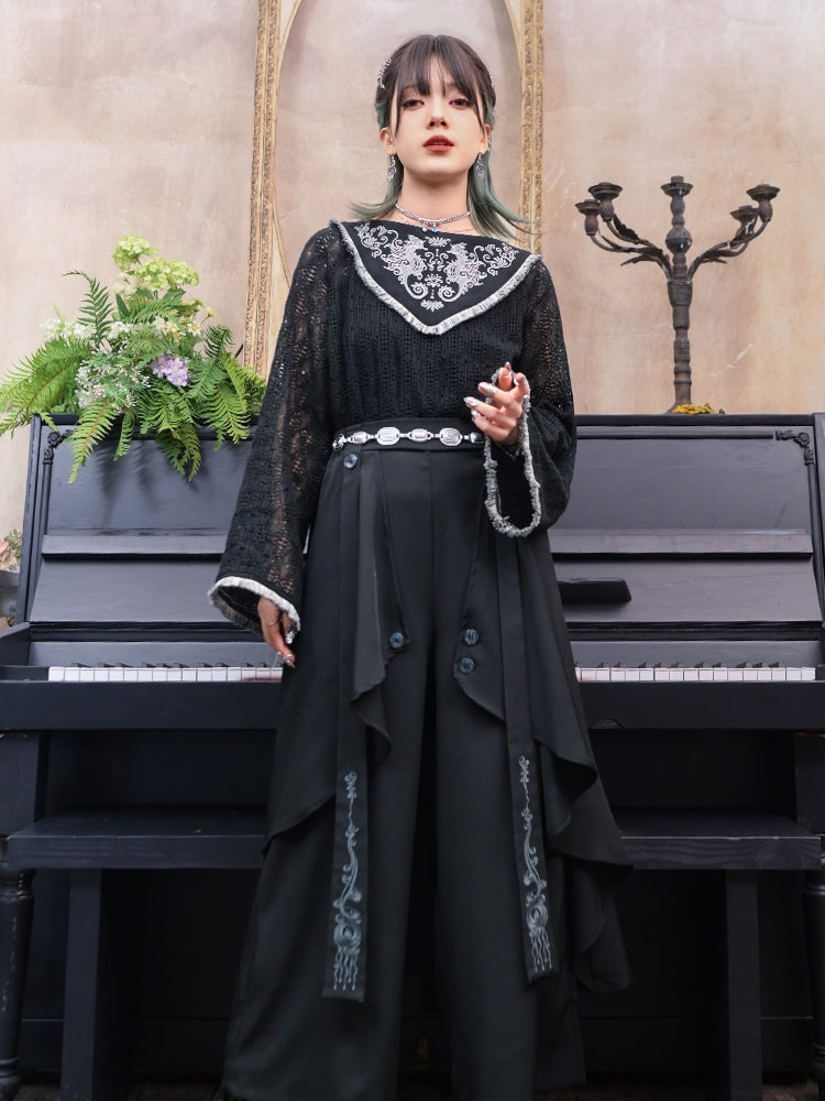 Style Hollow-out Black Hem Cheongsam Lace Top Tassel Seahorse and Coral Embroidery