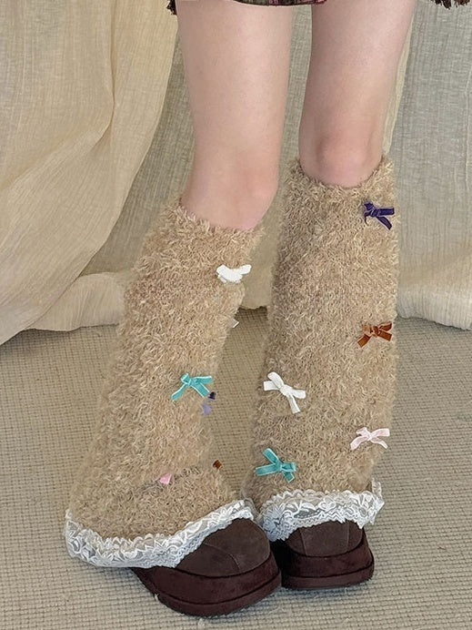 White Sweet Bowknot Lace Trim Leg Warmers