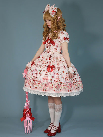 Bow Sweet Set Print White Strawberry Accents / Lolita Full Cake Dress