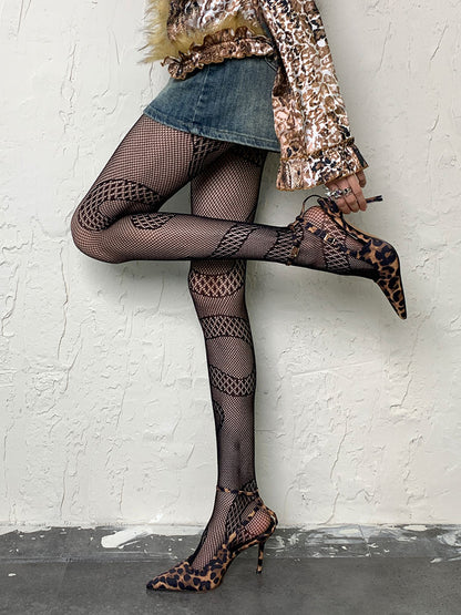 Black Y2K Snake Pattern Hollow-out Tights