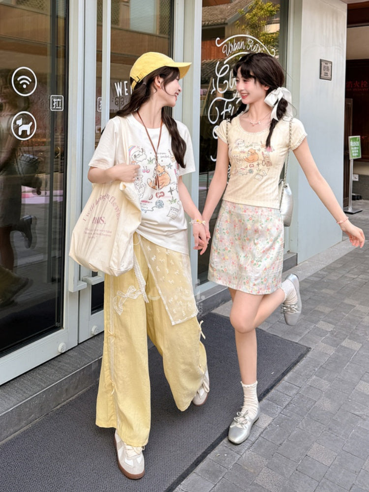 Bowknot Embroidery Wide-Leg Pants Yellow Regular/Short Version Waist High
