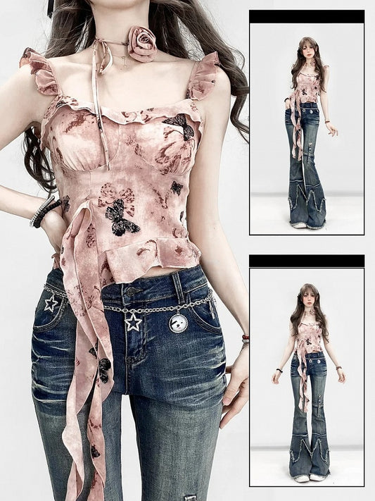 Cami Top Choker Asymmetrical Pink Hem Oil Rosette Painting And Print Glamorous Y2K With Butterfly