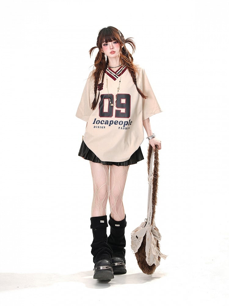 Loose T-Shirt Print Sports Khaki/Navy Blue Preppy Style V-Neck Number