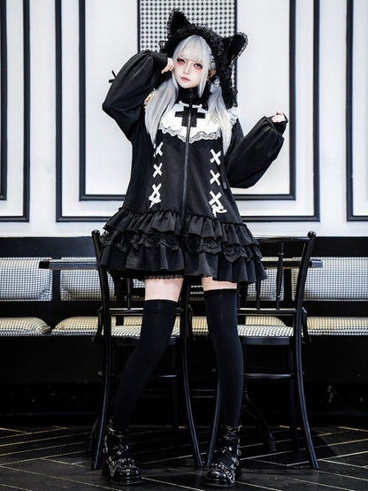 Layered Neck Jirai Cross High Black Jersey Embroidery Hem Kei-inspired Dress Ruffle