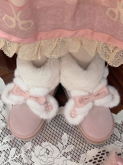 Sweet Winter Polka Boots - Platform Ears Rabbit Plush Lolita Pink Dot
