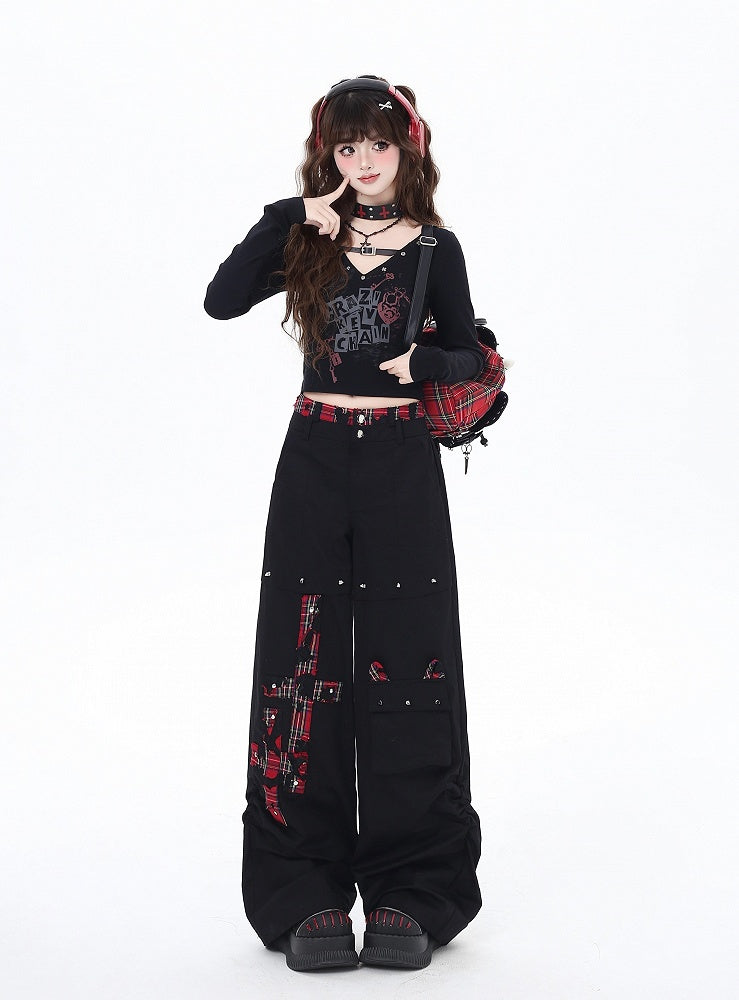 Black and Red Plaid Studs Detail Wide-Leg Pants