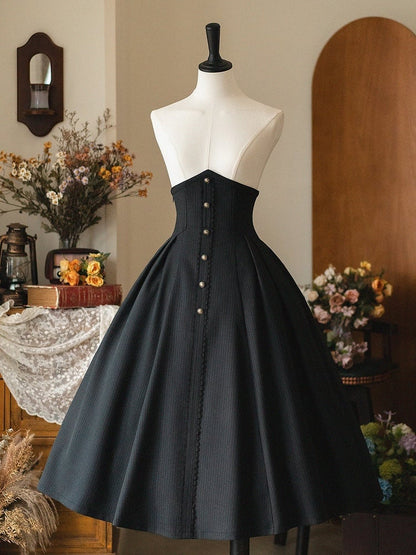 ブラックのエレガントなヴィンテージボーン入りハイウエストミディ丈ストライプ生地ロリータスカート