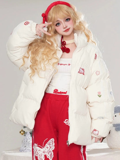 White/Pink Kitties Embroidery High Neck Puffer Jacket