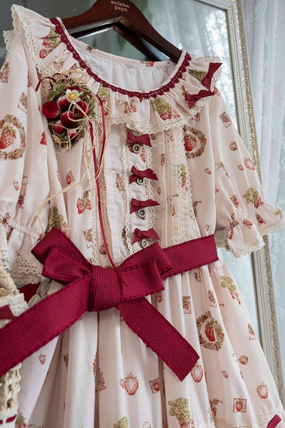 Strawberry Print Pink House Beige Short Sleeves Lolita Dress