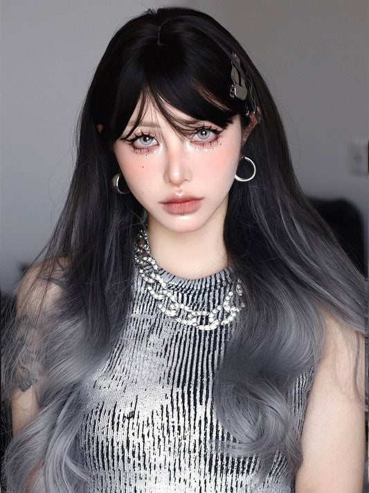 With Ombre Length And Wavy Bangs Wig Black 70CM Gray