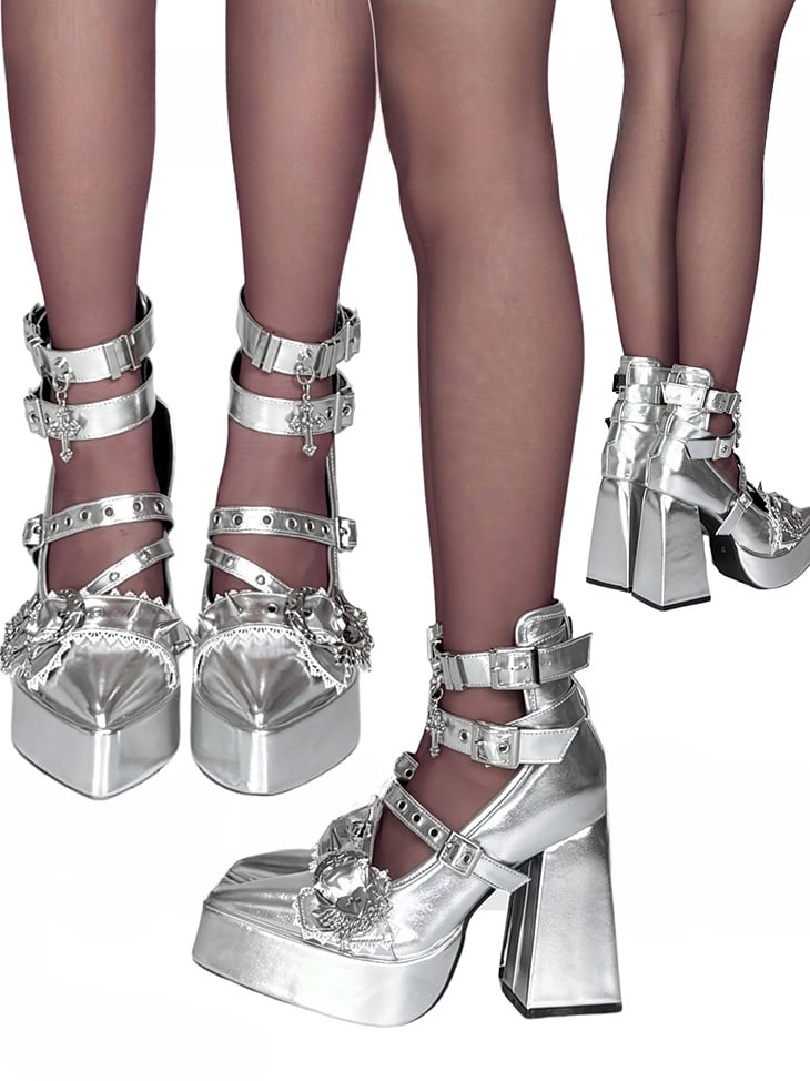 Gothic Silver Cross Heart Buckle Straps Stud Platform High Block Heels