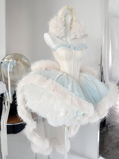 Ombre Blue Boned Bustier Bodice Corset Dress Faux Fur Fluffy Hemline