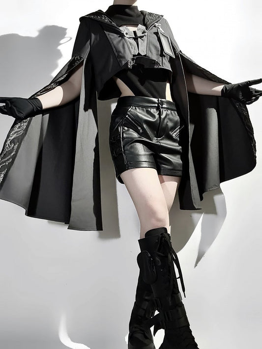 Sleeves XL Overlong Ouji Bodysuit Size Leather Exclusive + Futuristic Shorts Outfit Techwear Black Jacket Cropped Lolita -