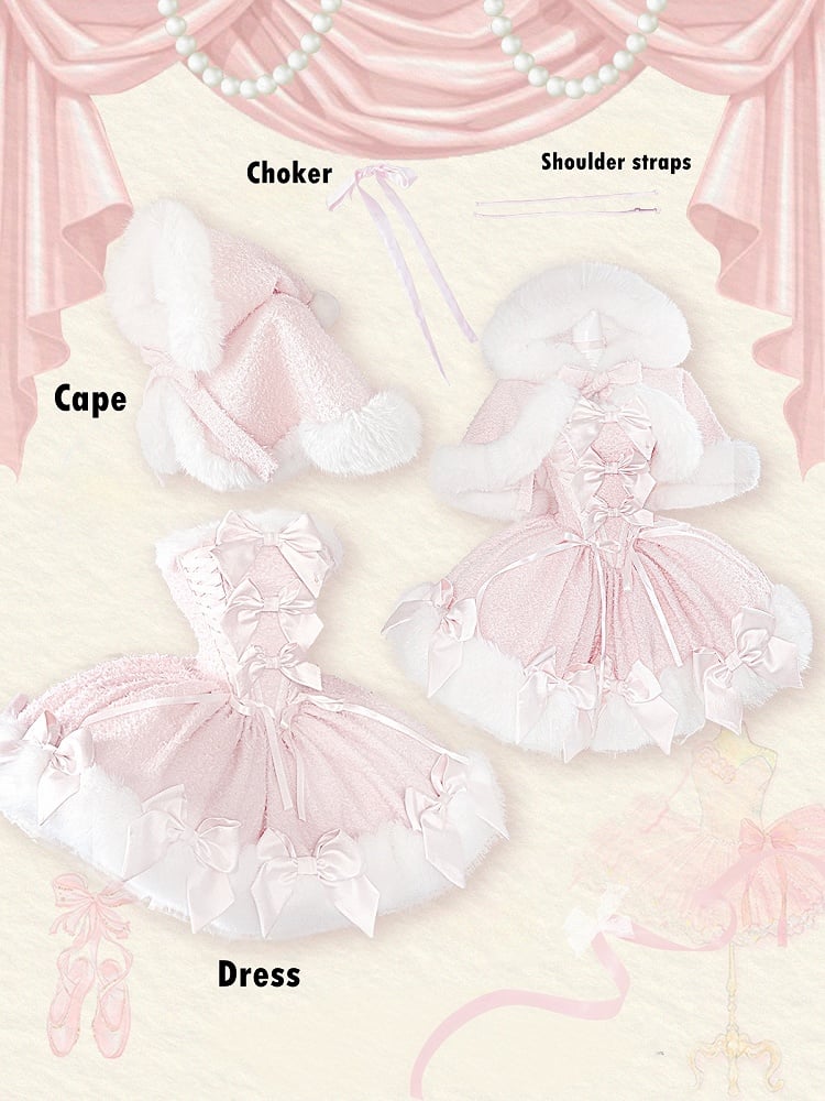 V-Day Pink Bows Plush Neckline and Hemline Boning Dress + Cape Full Set