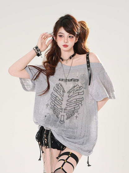 Herz Druck Löcher Asymmetrischer Ausschnitt Distressed