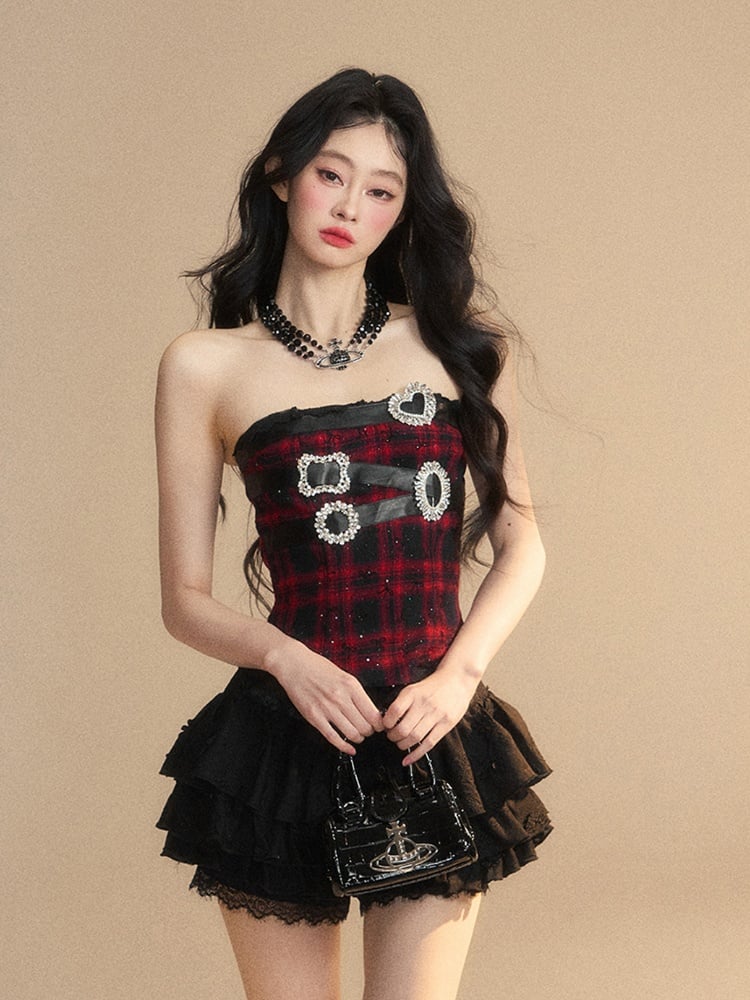 Black Plaid Rhinestone Buckles Lace Trim Glamorous Strapless Top Red