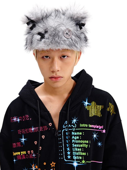 Gray/Brown Button Teddy Bear Ears Plush Hat