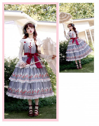 Robe Lolita noire à carreaux vichy et imprimé fraises, jupe pull Lolita d'été douce