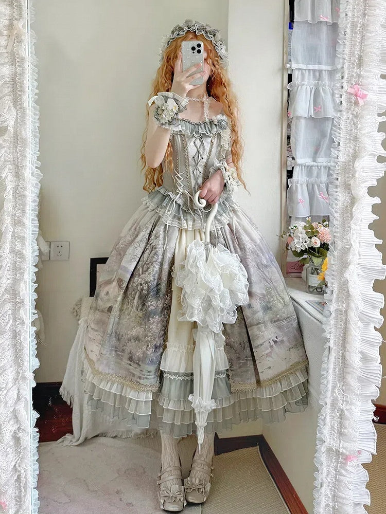 油絵プリントのグリーンレイヤードフリル裾ロリータスカート