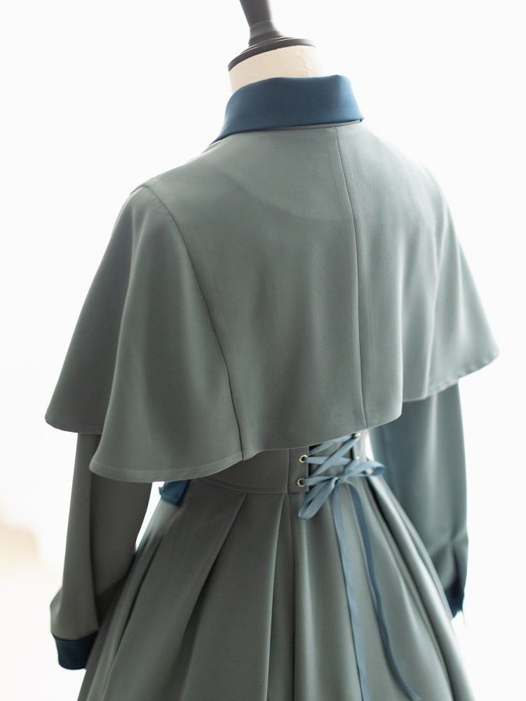 Beauxbatons Uniform Inspired Dusty Blue Elegant Vintage Front Button Placket One Piece with Detachable Cape