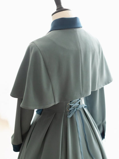 Beauxbatons Uniform Inspired Dusty Blue Elegant Vintage Front Button Placket One Piece with Detachable Cape