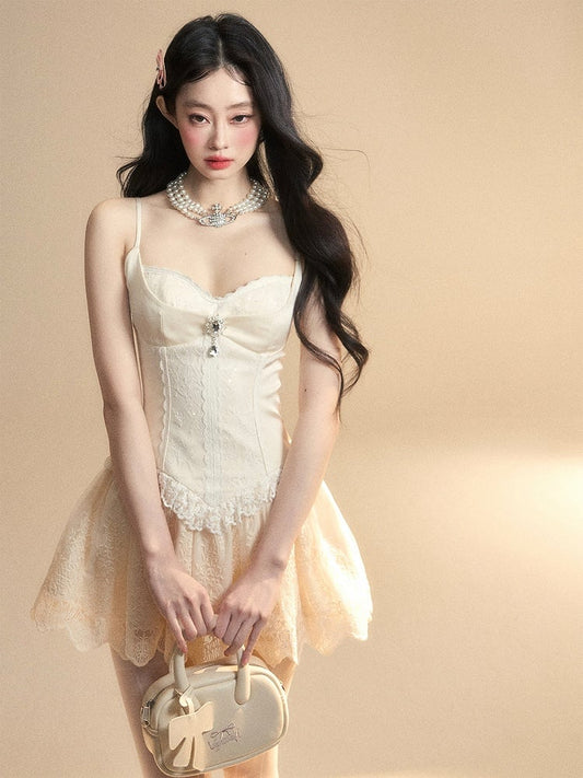 Spaghetti Strap Dress Apricot Sweetheart Neckline Basque Waist Puffy