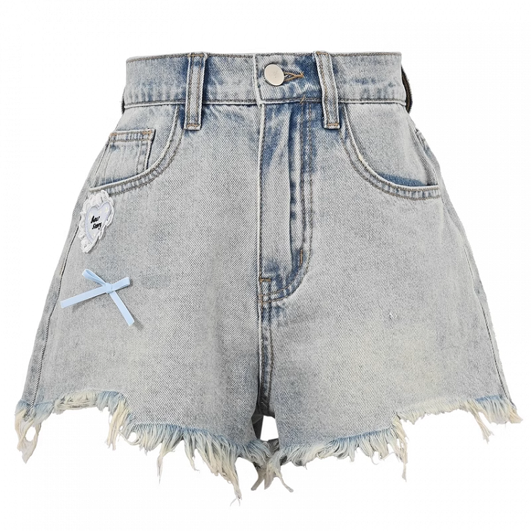 Vintage Denim Shorts Blau Roh Saum Herz Akzent Licht