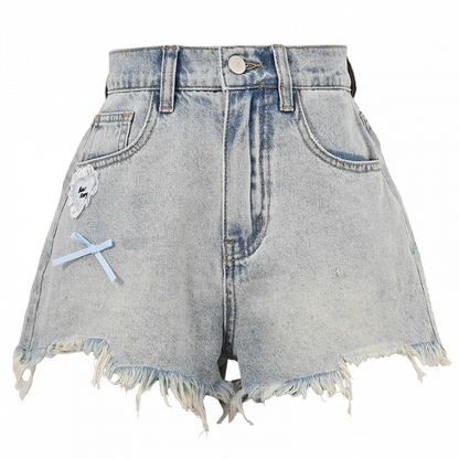 Vintage Denim Shorts Blau Roh Saum Herz Akzent Licht