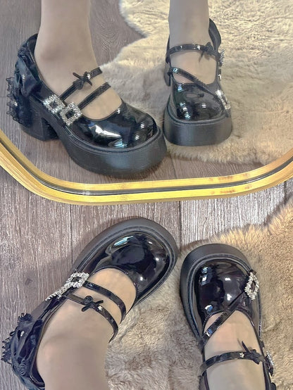 Polished Black Rhinestone Buckle Bowand Floral Block Heel Mary Janes