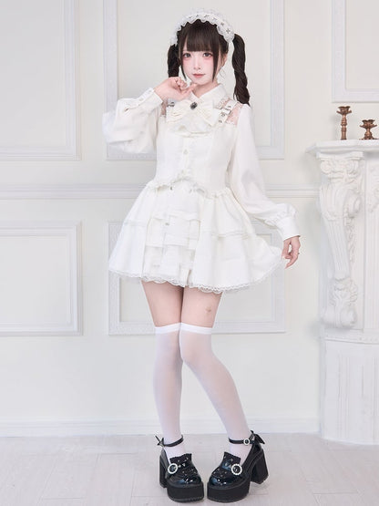 Adorned Blouse Illusion with Strap Details Buckle Neckline White Kei Jirai
