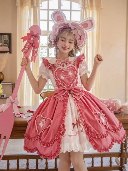 Sweet Straps Bunny Apron Shoulder Embroidery Flutter Pink Lolita