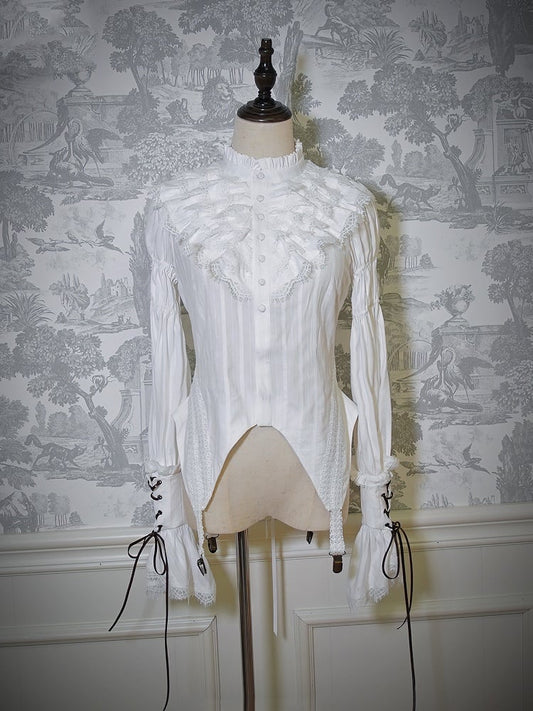Neckline White Sleeves Blouse Ruffle Leg-of-Mutton