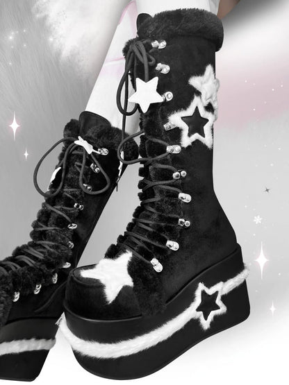 Fleece Star Patches Winter Black Platform Boots