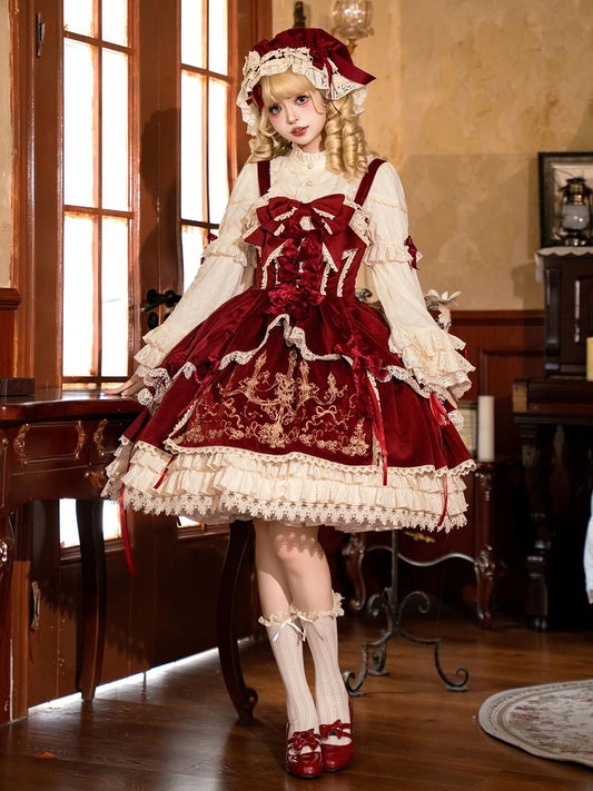 / Dress Red Lolita Decoration JSK Bows Velvet Embroidery Candle