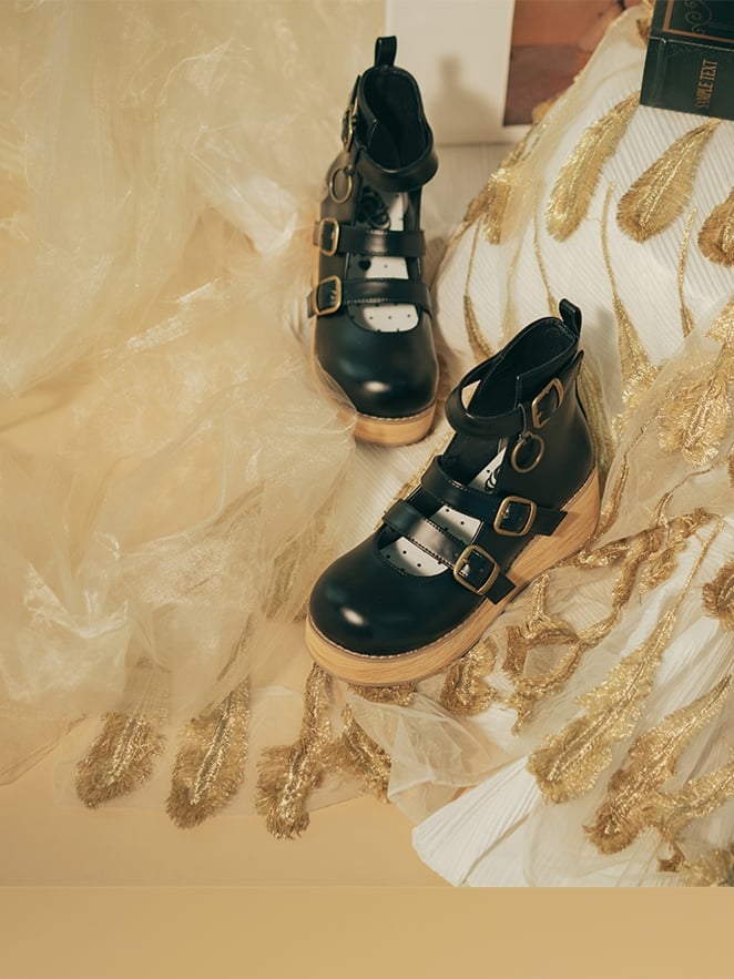 Platforms Toe with Wedge Buckle 3–5 cm Sole Round Black 3 Straps