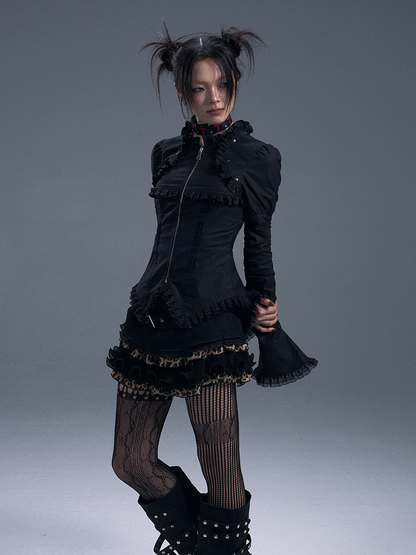 Lace-Trimmed Zipped Black Gothic Vintage Top