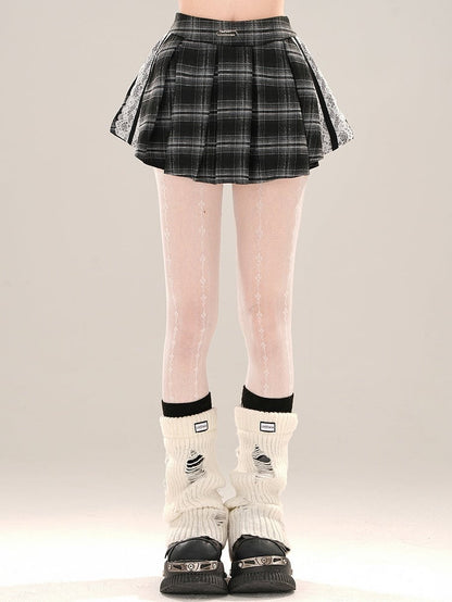Lace Mini Skirt Accents Pleat Box Plaid Black