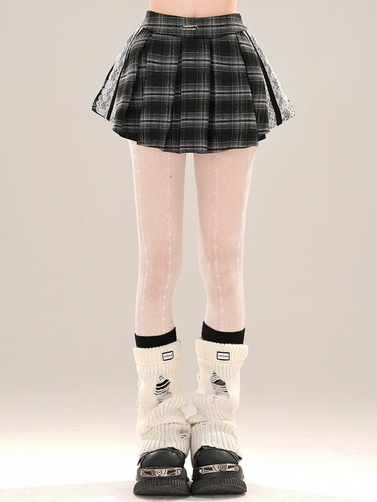 Lace Mini Skirt Accents Pleat Box Plaid Black