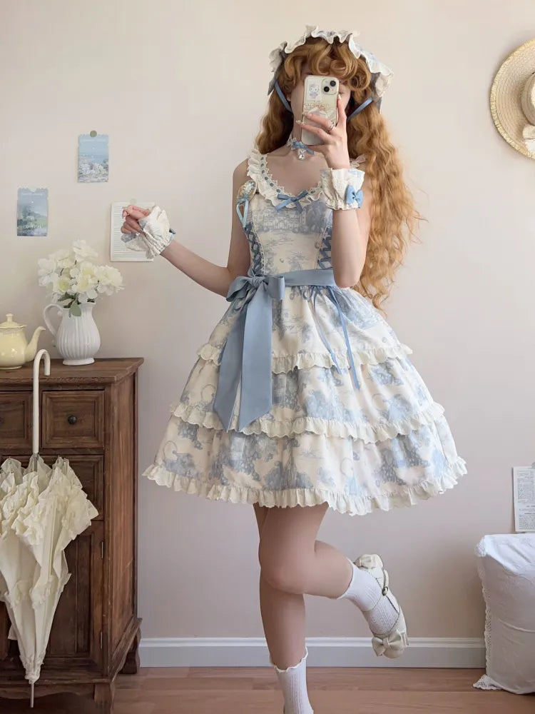Print Hem Jumper Skirt Grapes Blue Lolita Detachable