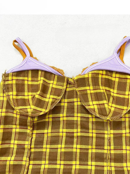 Scarf Cami Top Purple Plaid Y2K Yellow With