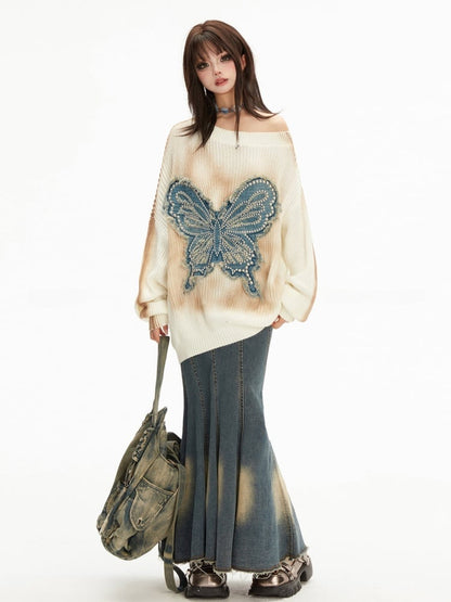 Wasteland Punk Butterfly Applique Apricot Asymmetrical Neckline Sweater