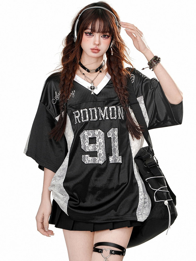 Grey/Black Lace Patchwork V-neck Sporty T-shirt