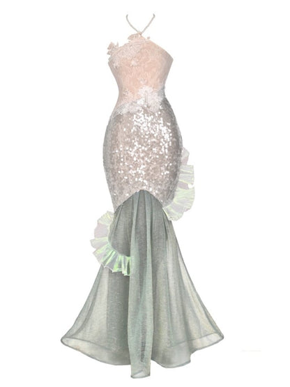 Sequins Mermaid Fairy Bodycon Dress Goth Shining Beaded Vacation Halter Neck