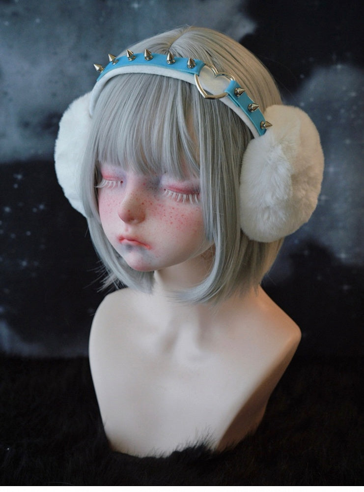 White Handmade Heart Ring Studded Plush Earmuffs