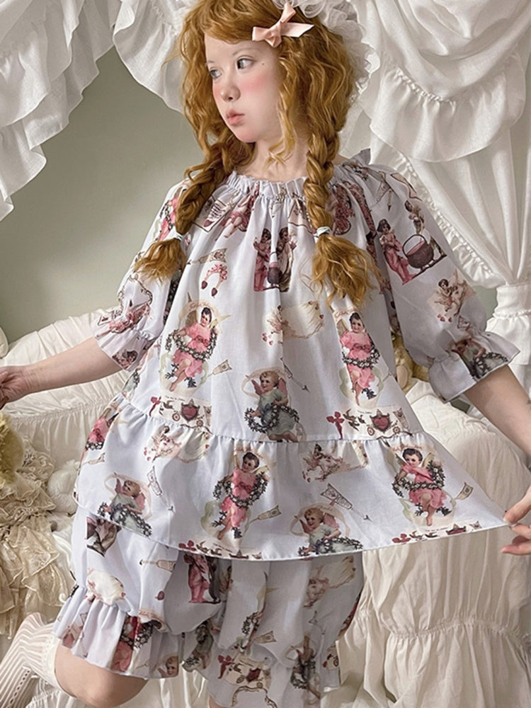 Sweet Pajama Set - Puff Sleeves Print Top and Bloomer Shorts