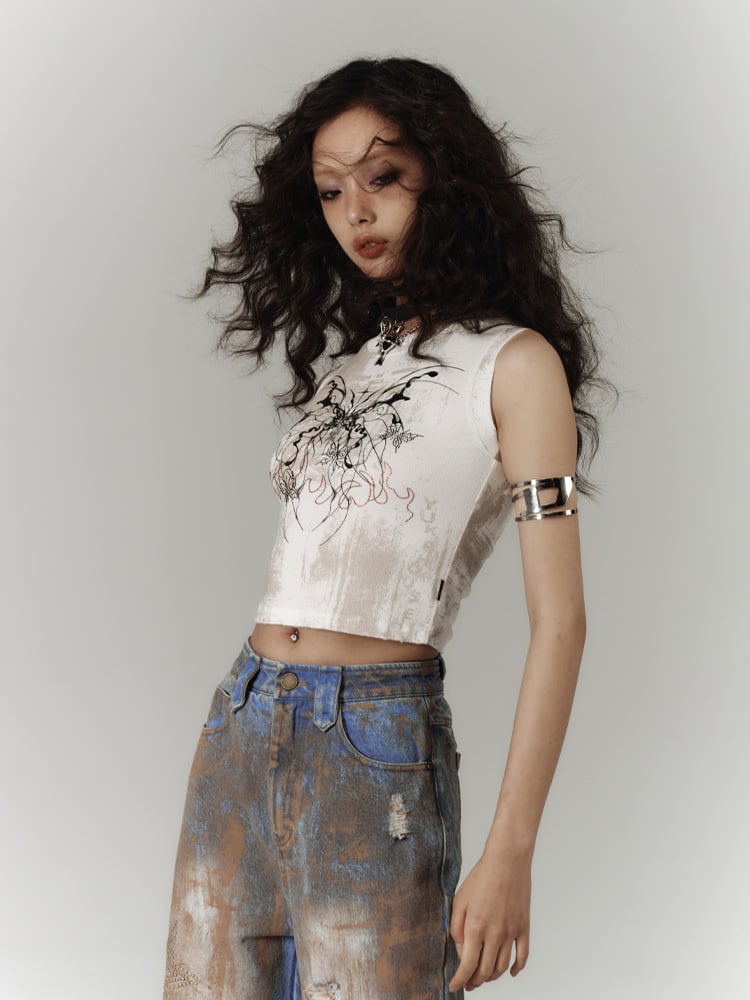 Top Fit Tank Y2K Butterfly Print Slim White